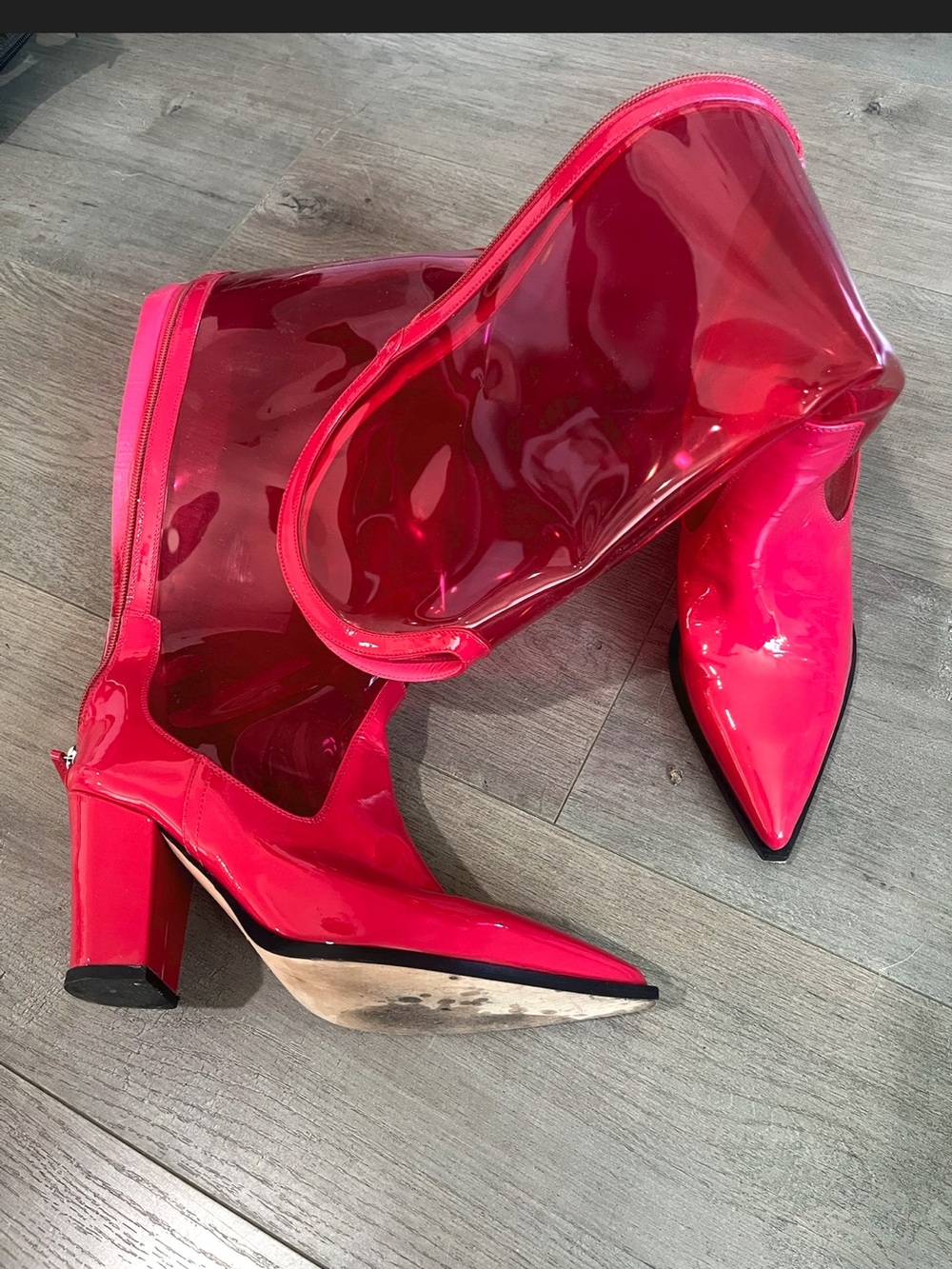 Women's Hot Pink Patent Pointed-Toe Mid Heel Boots